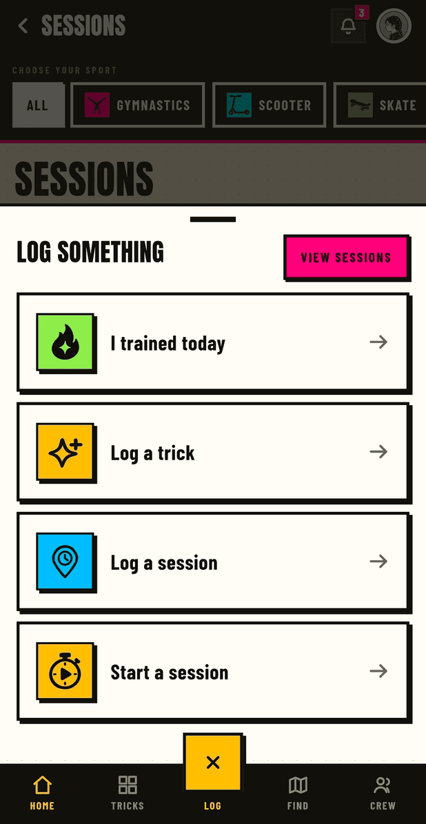 The log sheet: I trained today, log a trick, log a session and start a session