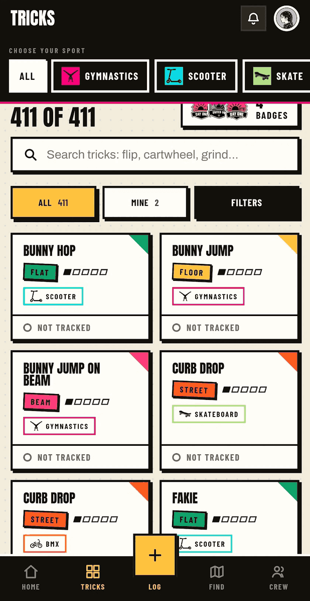 The trick library across every sport, each trick showing its category, difficulty, sport and tracking status